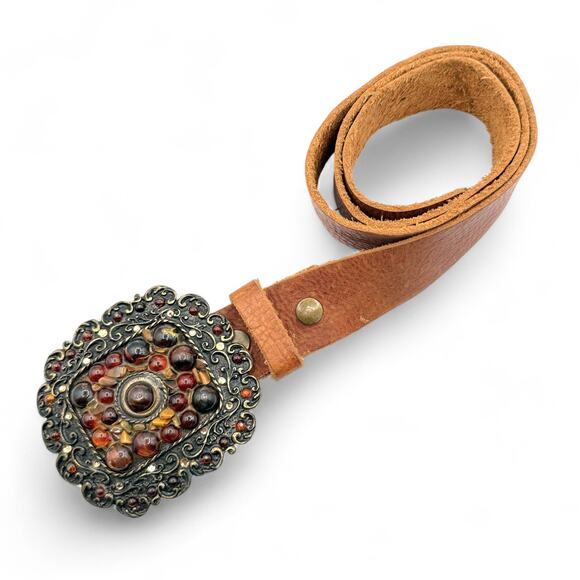 Vintage Handcrafted Beaded Leather Belt Western Boho Rustic Prairie Brass Buckle - Picture 3 of 9